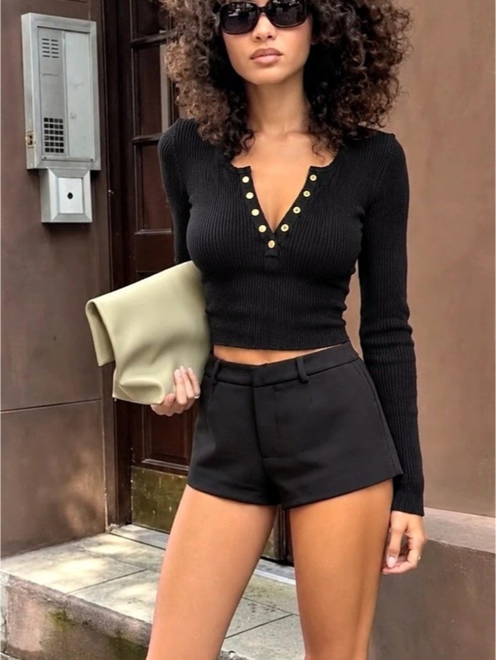 Love Tree Ribbed Gold Snap Crop Top